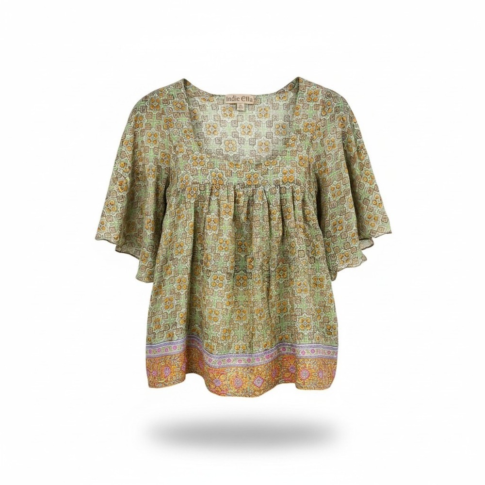 Indie‎ Ella Womens 100% Silk Boho Babydoll Blouse Green Orange Floral OS